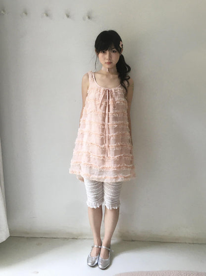SicAstra Girlish Lace Tulle Spaghetti Strap Bow Tie Tiered Women&