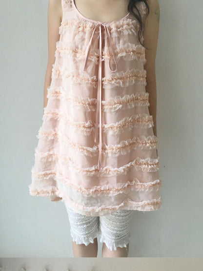 SicAstra Girlish Lace Tulle Spaghetti Strap Bow Tie Tiered Women&