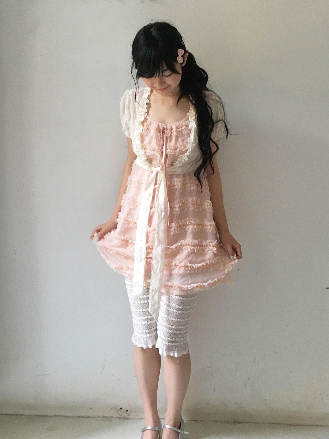 SicAstra Girlish Lace Tulle Spaghetti Strap Bow Tie Tiered Women&
