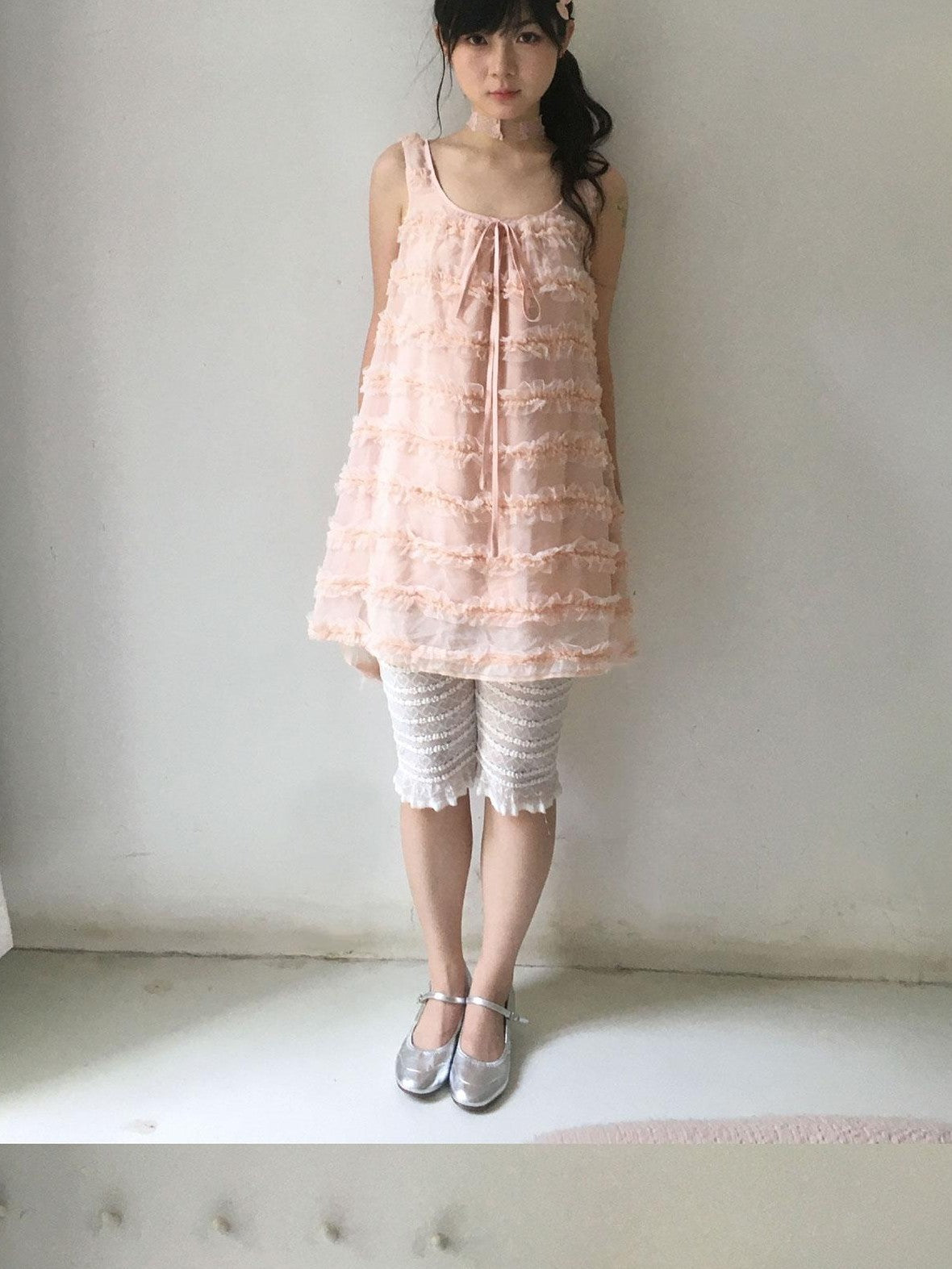 SicAstra Girlish Lace Tulle Spaghetti Strap Bow Tie Tiered Women&