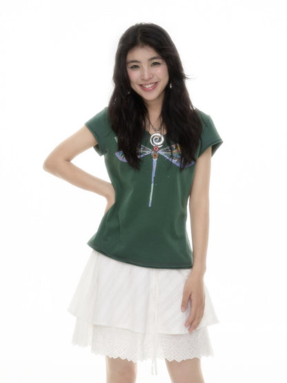 SicAstra_Hand_Painted_Dragonfly_V-neck_Double_Layer_Women&