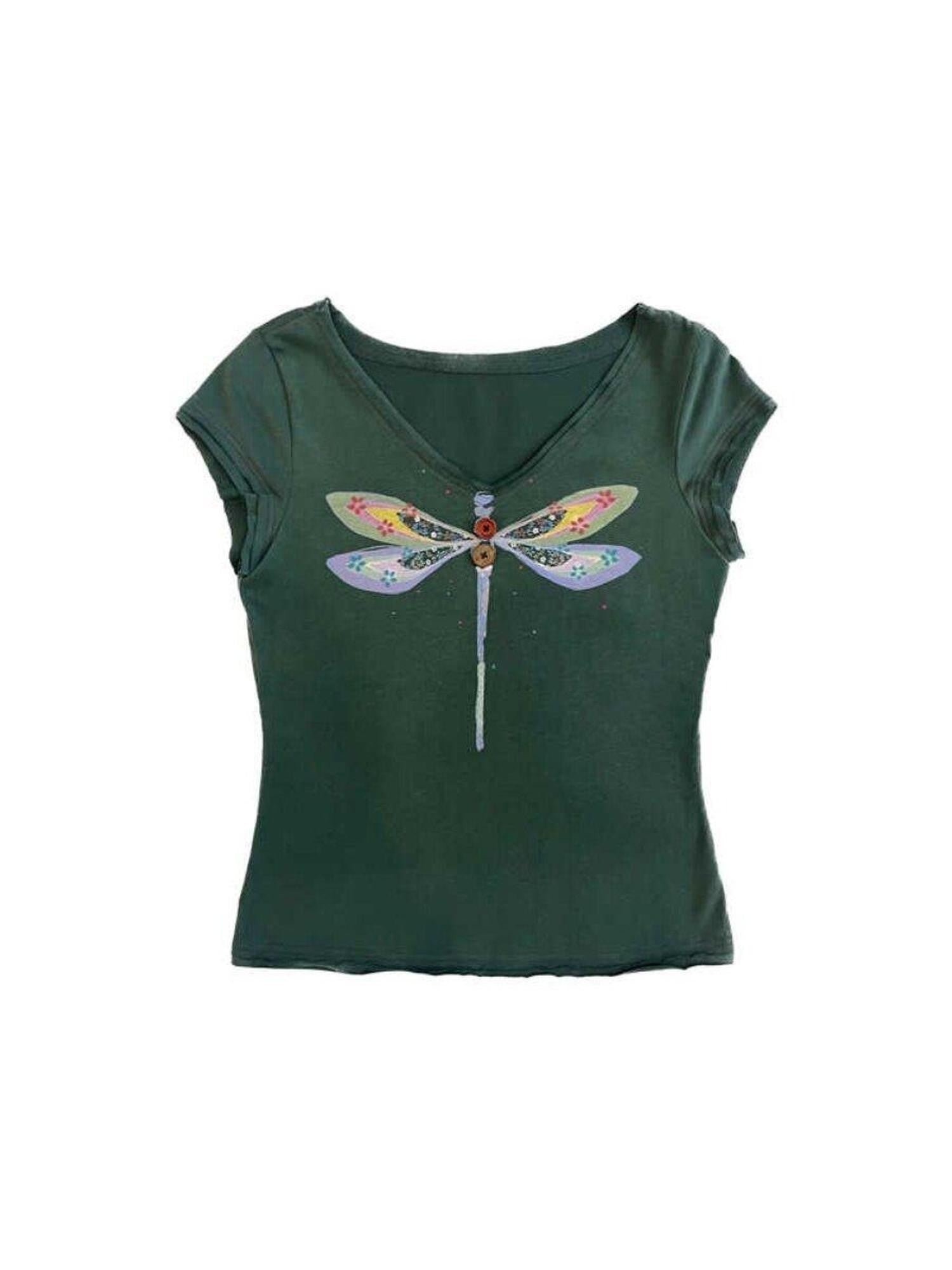 SicAstra Hand Painted Dragonfly V-neck Double Layer Women&