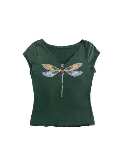 SicAstra Hand Painted Dragonfly V-neck Double Layer Women&