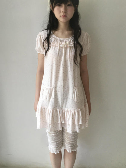 SicAstra Light Pink Ditsy Floral Ruffle Trim Puff Sleeve Women&