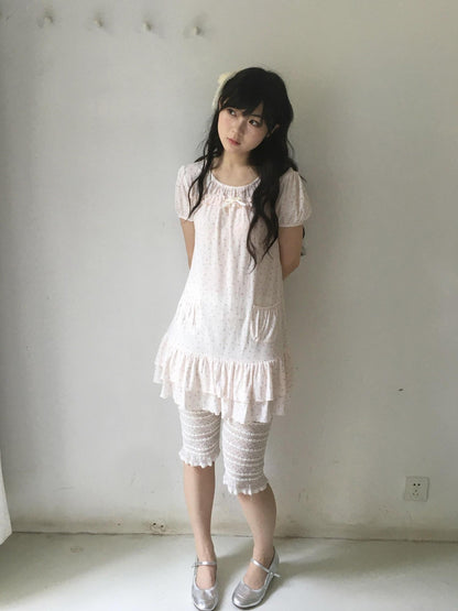SicAstra Light Pink Ditsy Floral Ruffle Trim Puff Sleeve Women&