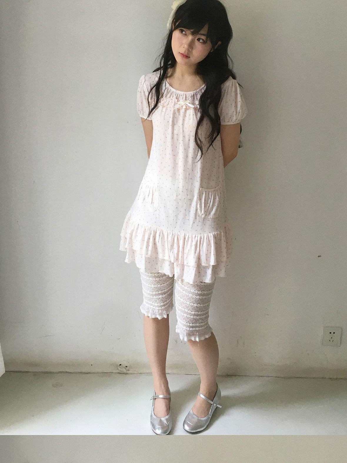 SicAstra Light Pink Ditsy Floral Ruffle Trim Puff Sleeve Women&