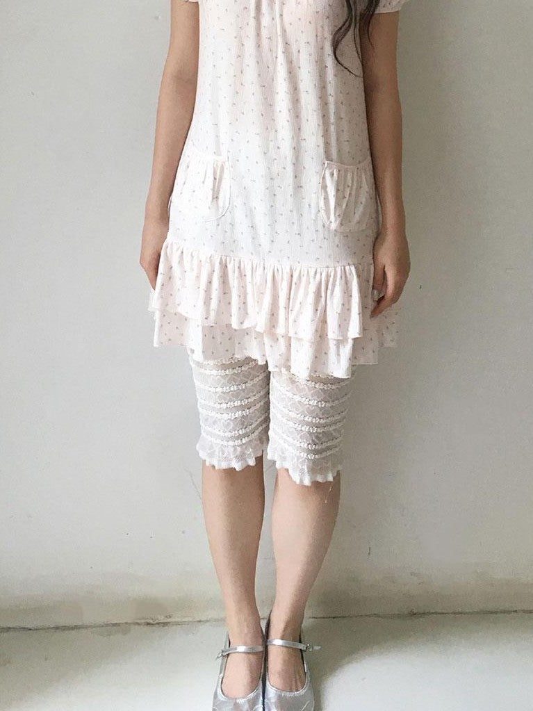 SicAstra Light Pink Ditsy Floral Ruffle Trim Puff Sleeve Women&