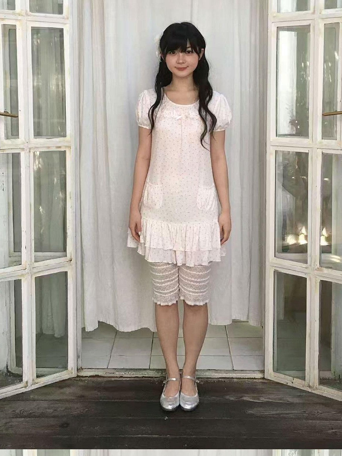 SicAstra Light Pink Ditsy Floral Ruffle Trim Puff Sleeve Women&