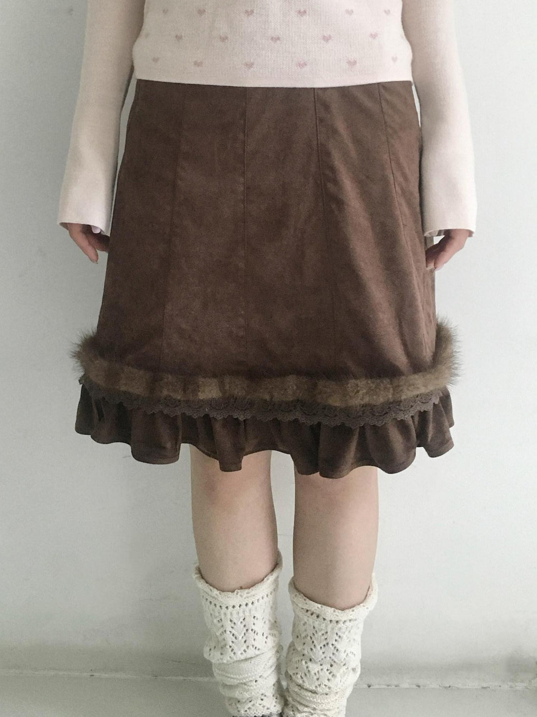 SicAstra Mink Fur Splice Lace Trim Ruffle Women&