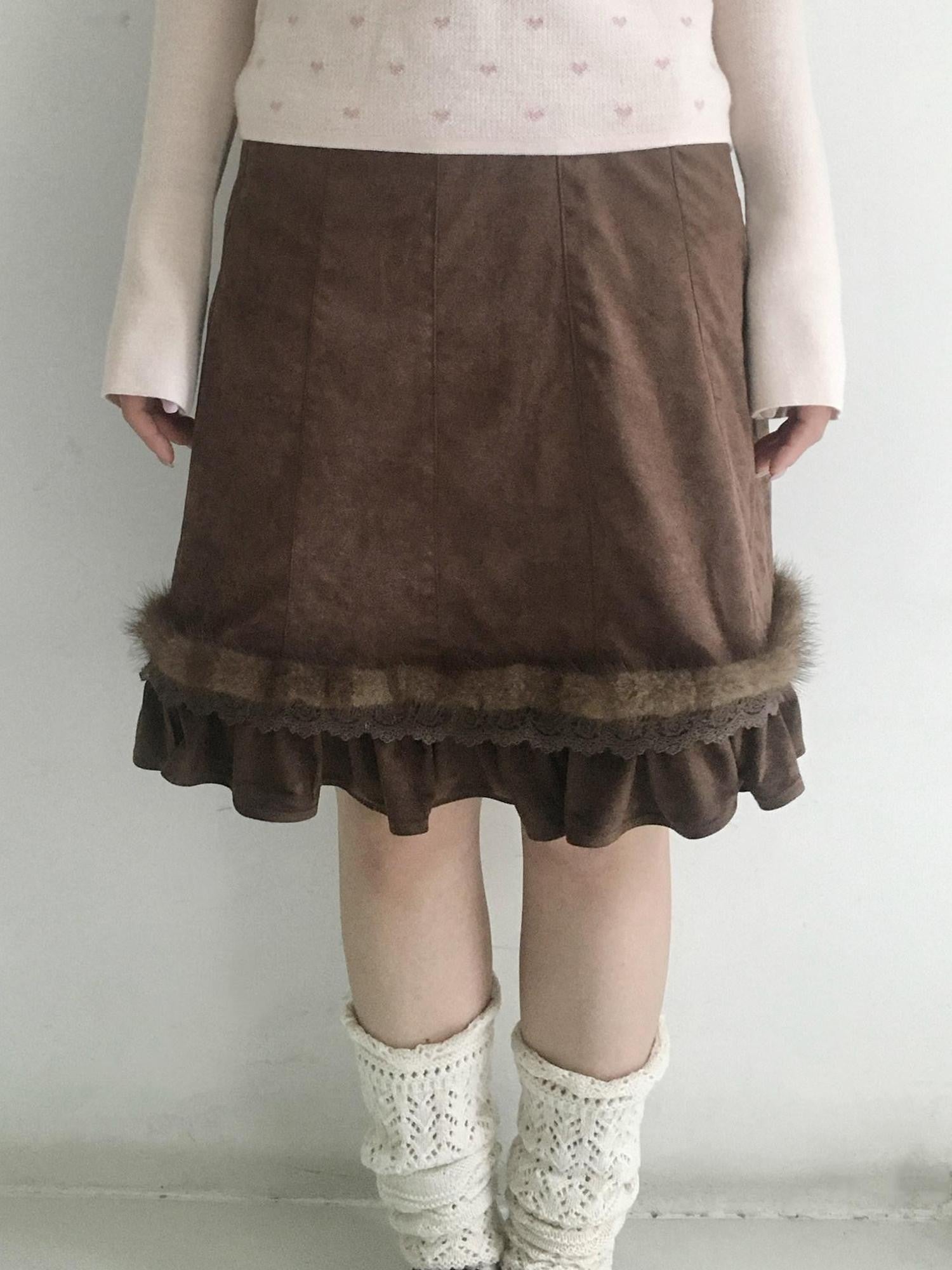 SicAstra Mink Fur Splice Lace Trim Ruffle Women&