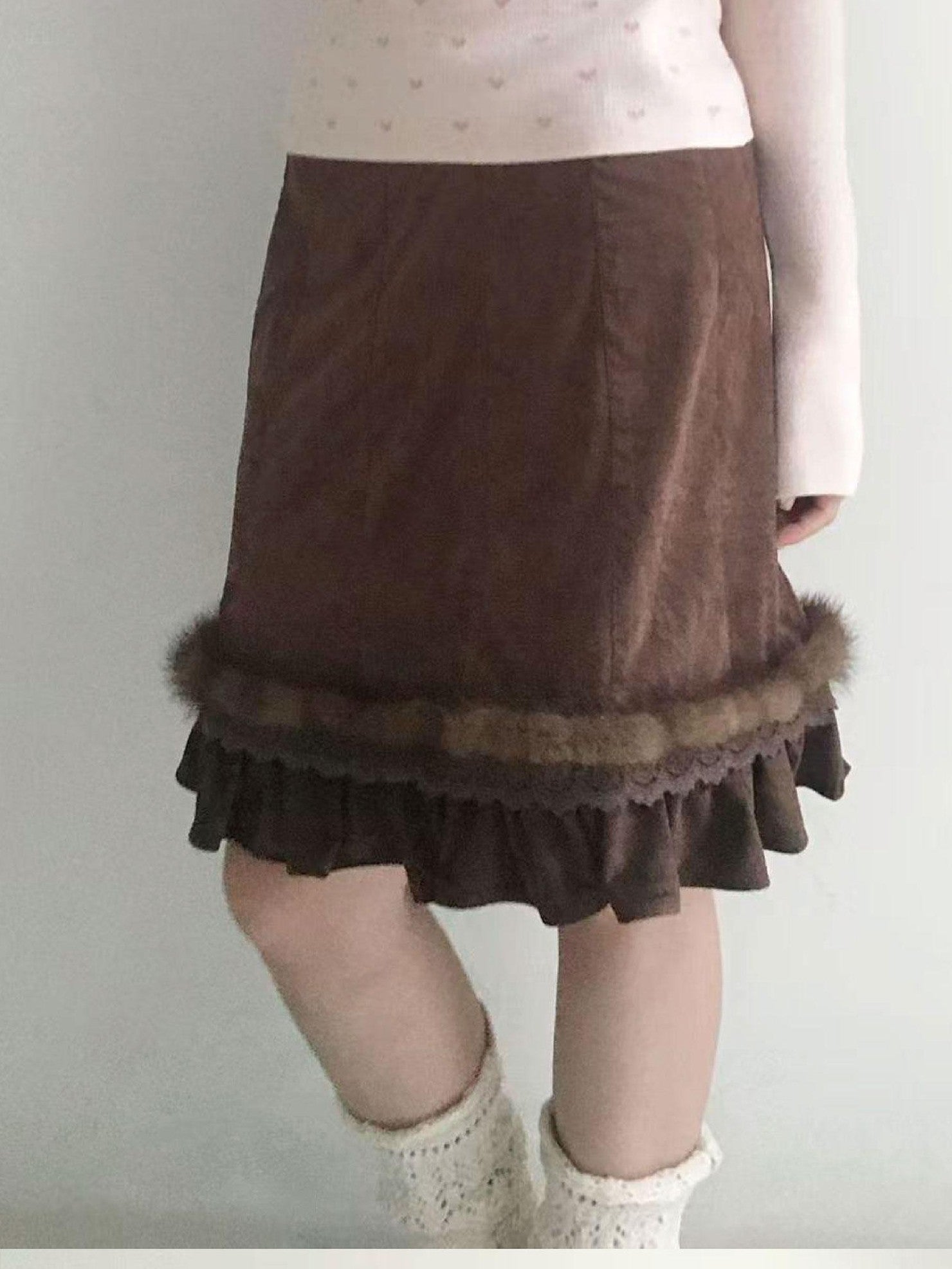 SicAstra Mink Fur Splice Lace Trim Ruffle Women&