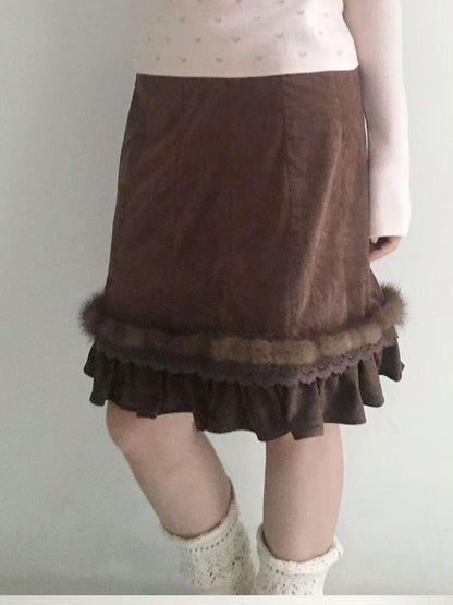 SicAstra Mink Fur Splice Lace Trim Ruffle Women&