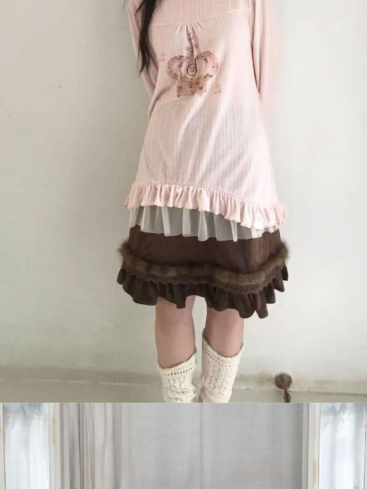SicAstra Mink Fur Splice Lace Trim Ruffle Women&
