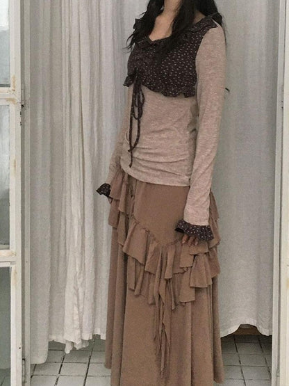 SicAstra Oatmeal Ruffle Tie Cinched Waist Women&