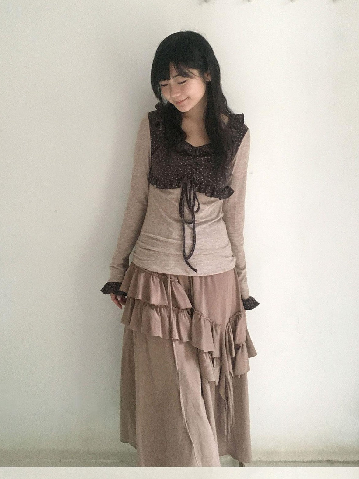 SicAstra Oatmeal Ruffle Tie Cinched Waist Women&