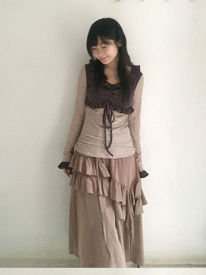 SicAstra Oatmeal Ruffle Tie Cinched Waist Women&