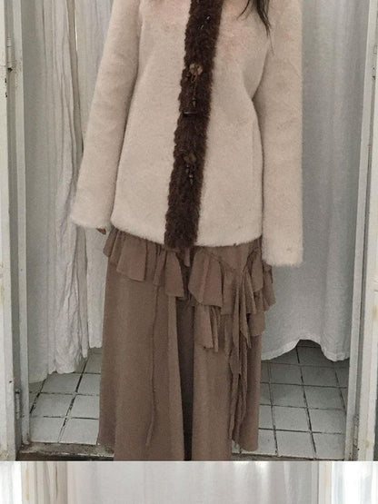 SicAstra Off White Curly Fur Splice Mid Length Vintage Women&