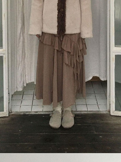 SicAstra Off White Curly Fur Splice Mid Length Vintage Women&