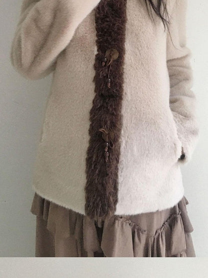 SicAstra Off White Curly Fur Splice Mid Length Vintage Women&