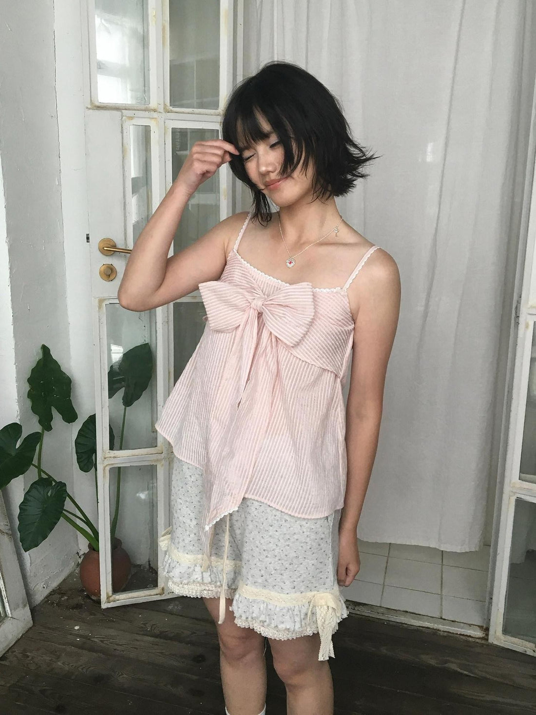 SicAstra Pastel Pink Striped Lace Trim Bow Tie Strap Women&