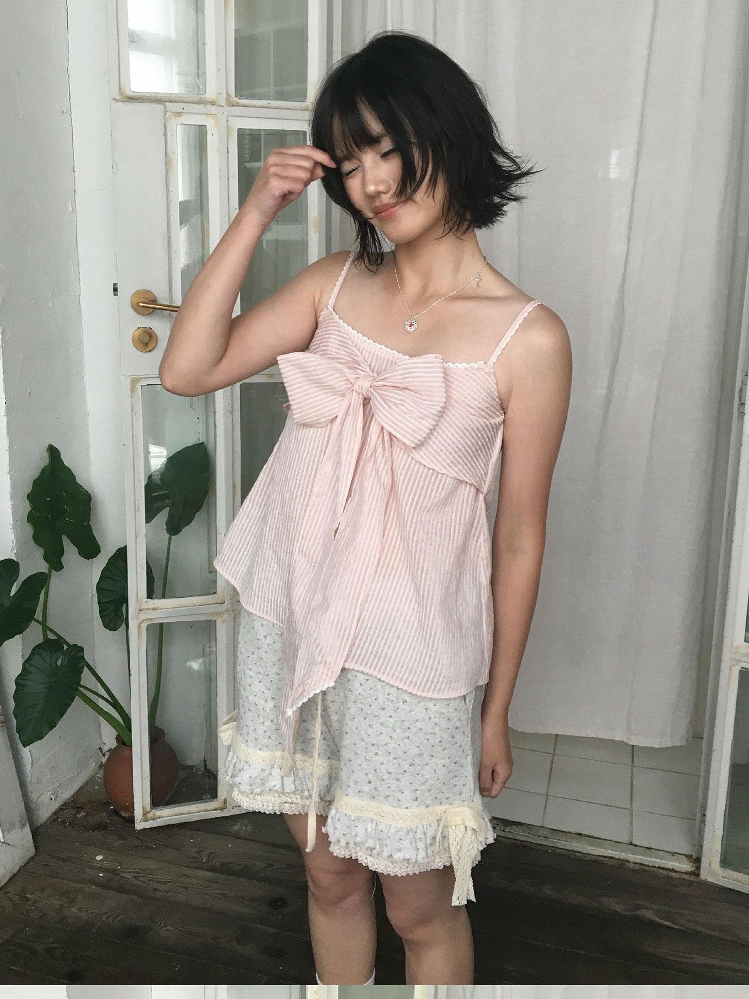 SicAstra Pastel Pink Striped Lace Trim Bow Tie Strap Women&