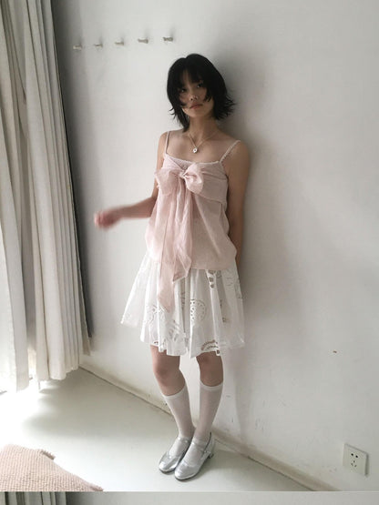SicAstra Pastel Pink Striped Lace Trim Bow Tie Strap Women&