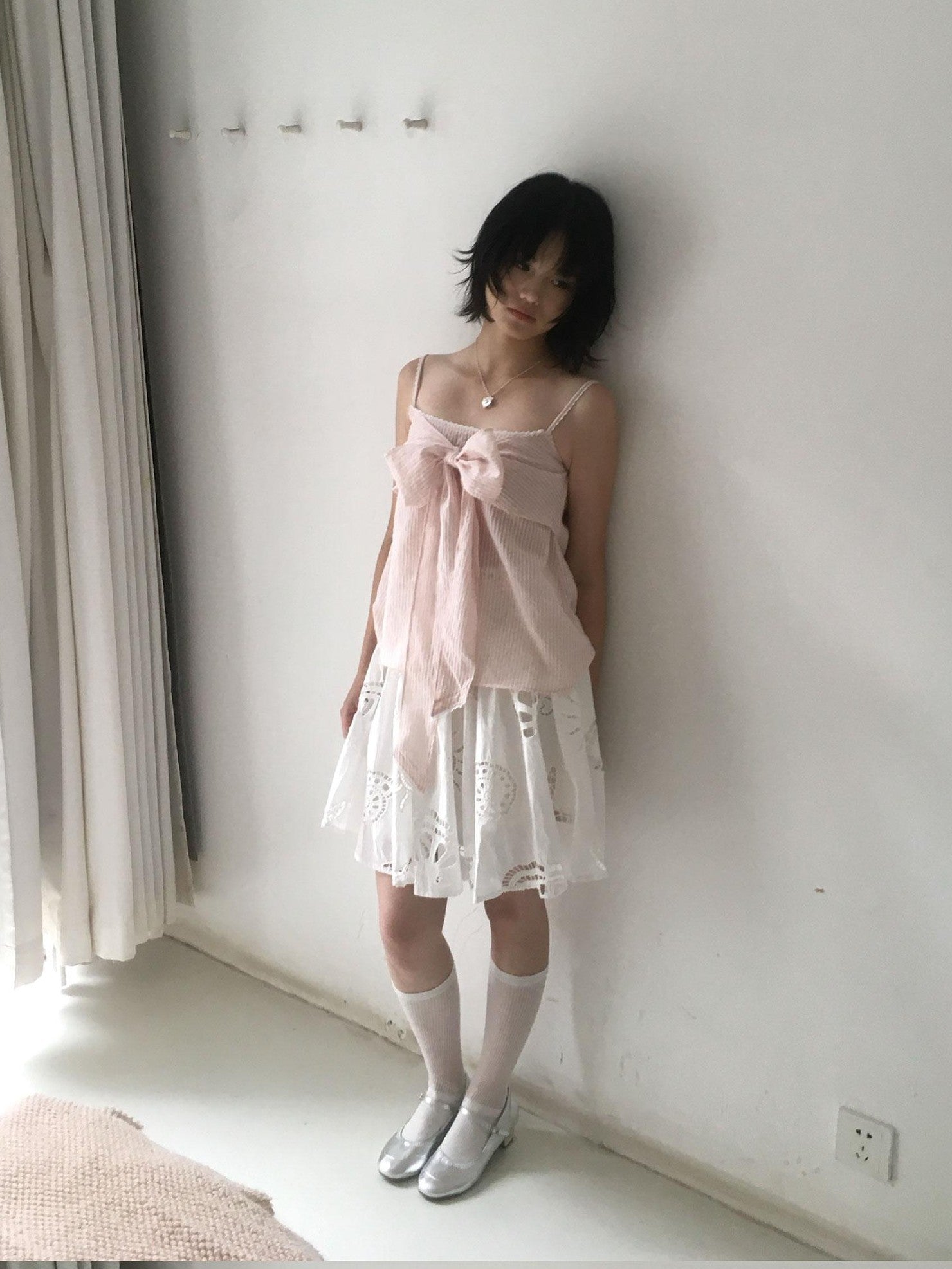 SicAstra Pastel Pink Striped Lace Trim Bow Tie Strap Women&