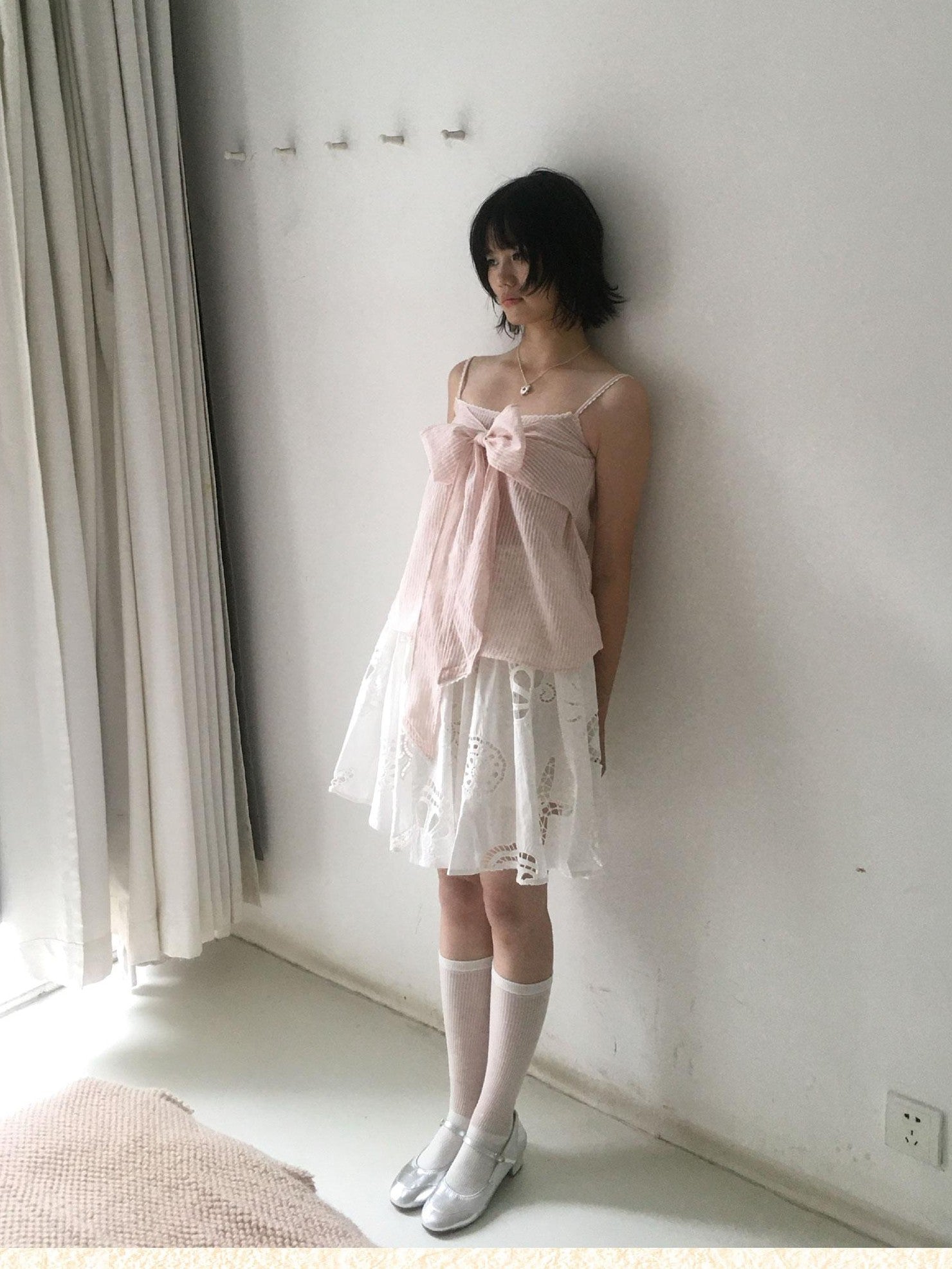 SicAstra Pastel Pink Striped Lace Trim Bow Tie Strap Women&