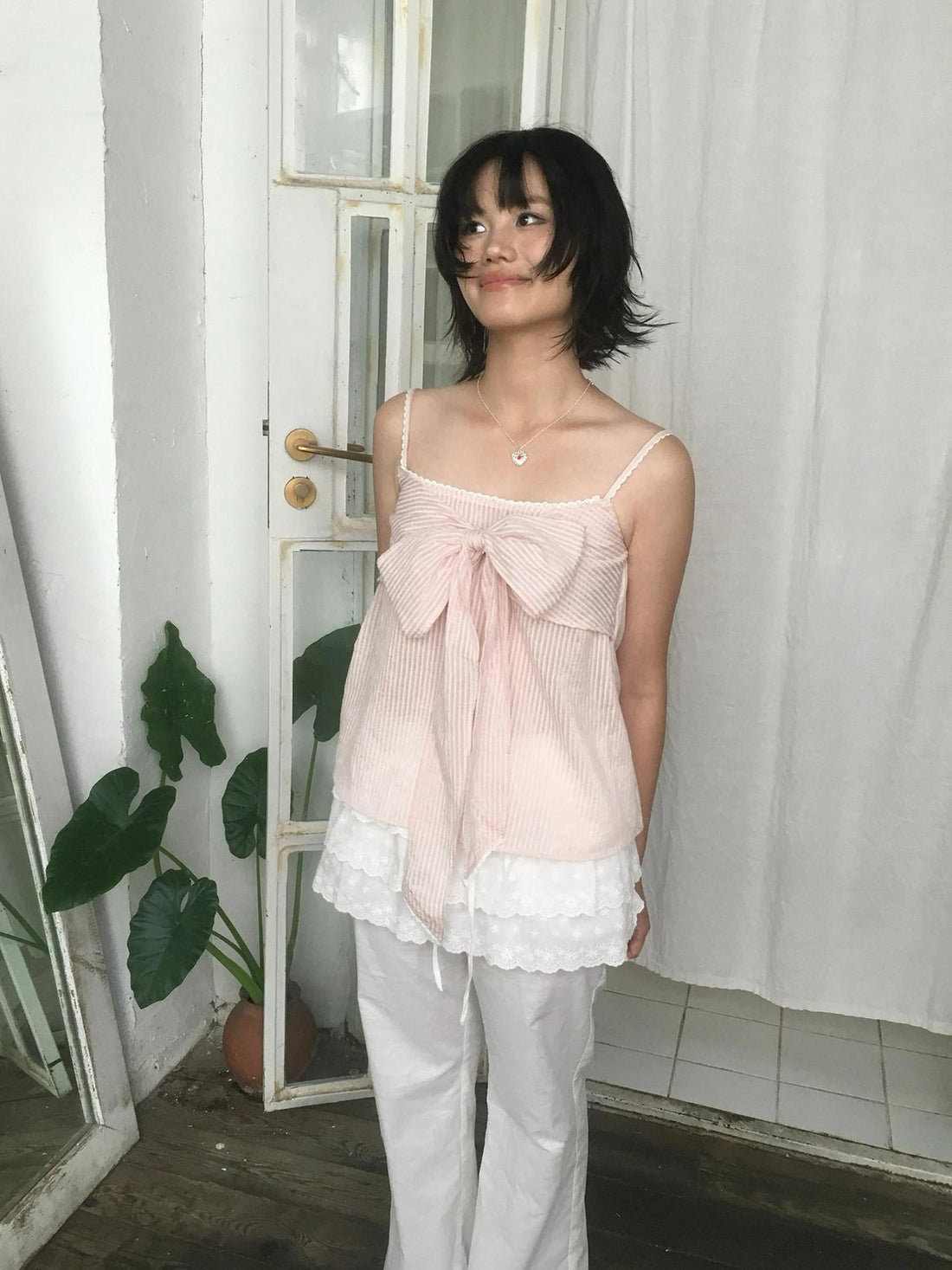 SicAstra Pastel Pink Striped Lace Trim Bow Tie Strap Women&
