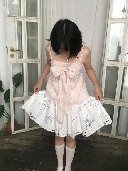 SicAstra Pastel Pink Striped Lace Trim Bow Tie Strap Women&