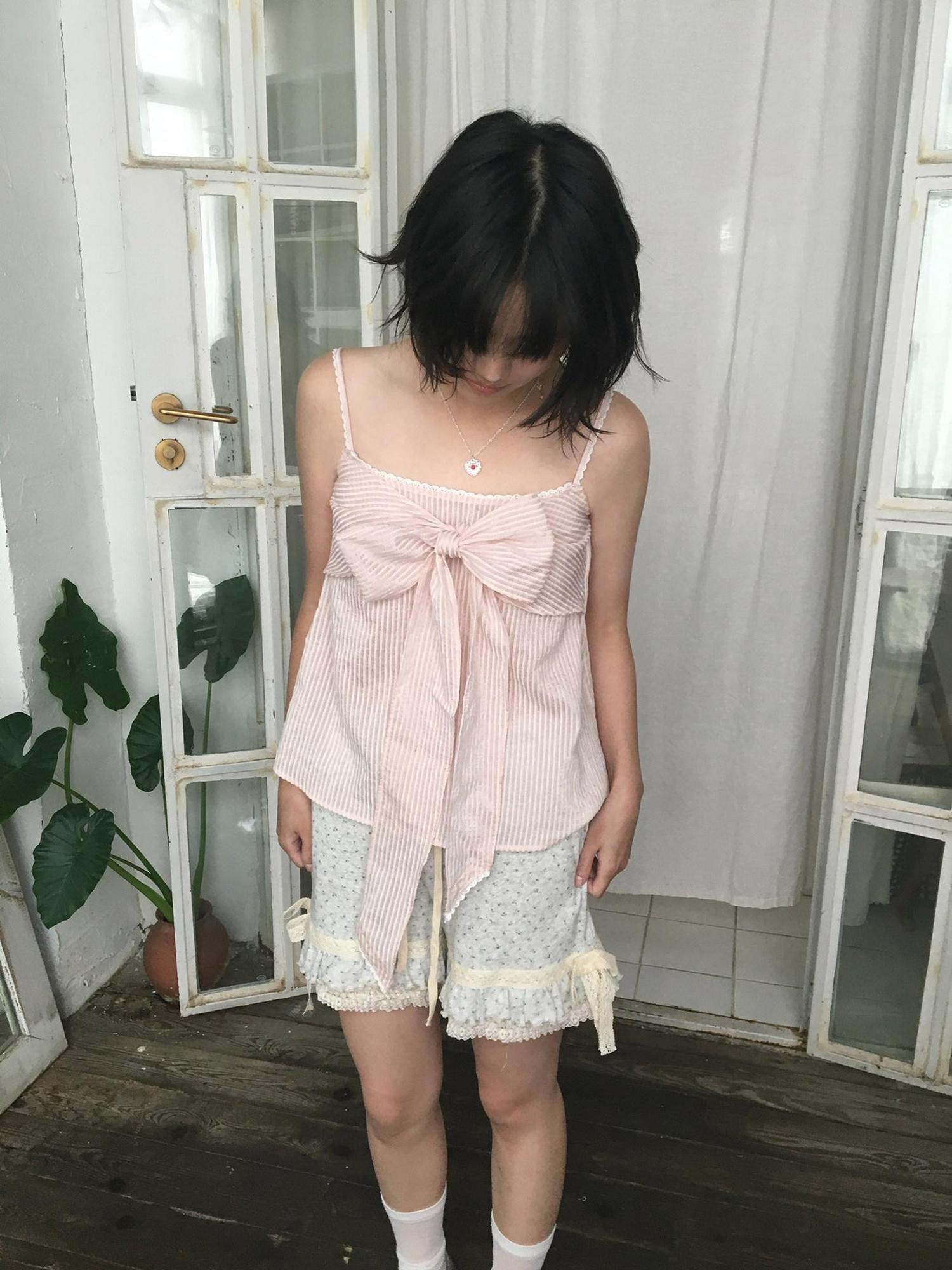 SicAstra Pastel Pink Striped Lace Trim Bow Tie Strap Women&