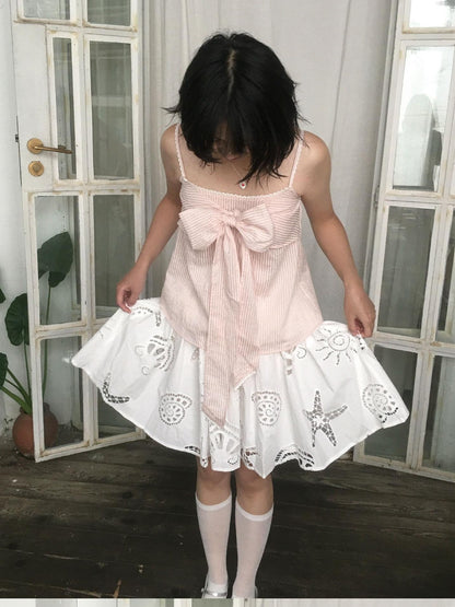 SicAstra Pastel Pink Striped Lace Trim Bow Tie Strap Women&