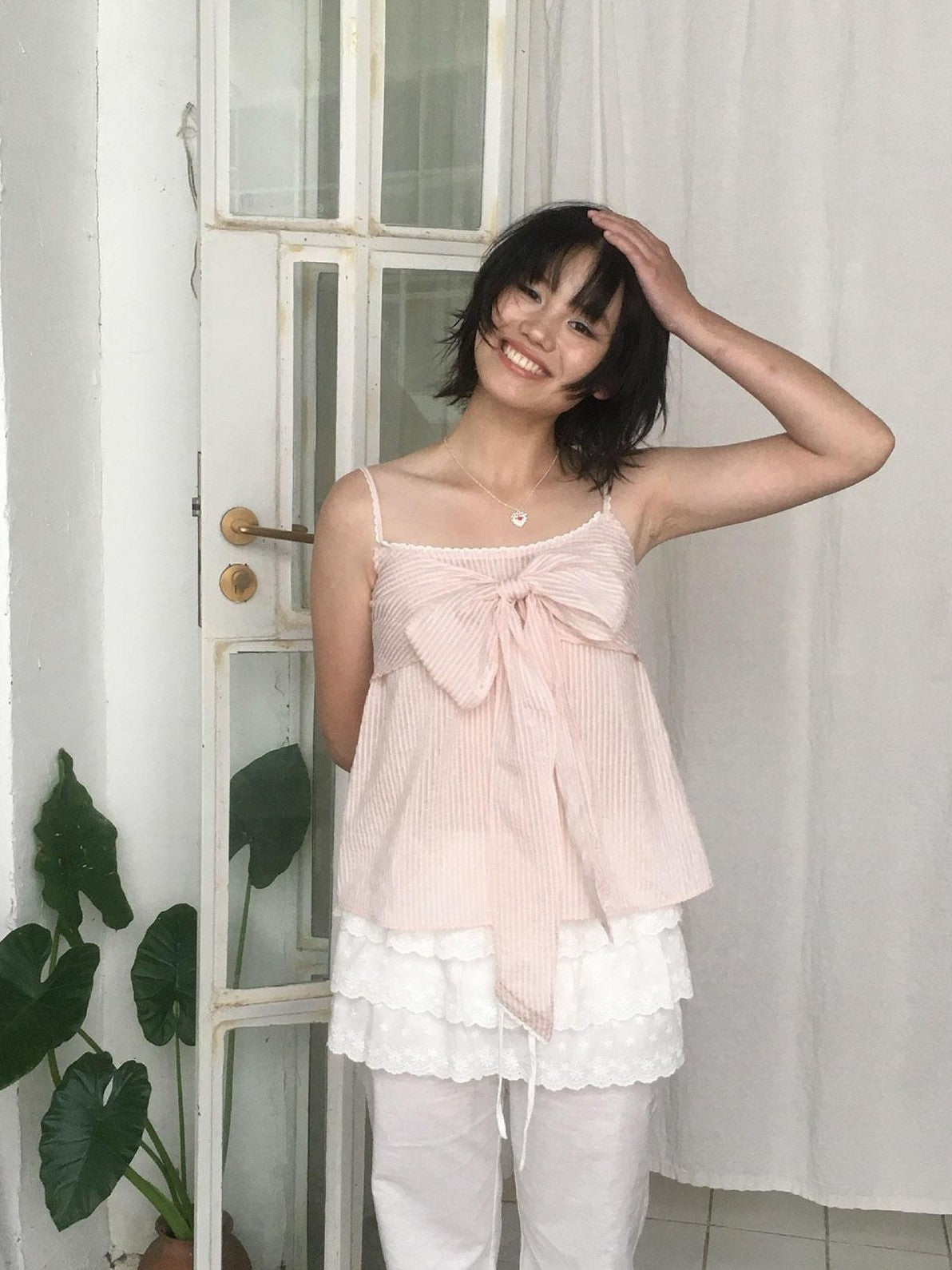 SicAstra Pastel Pink Striped Lace Trim Bow Tie Strap Women&