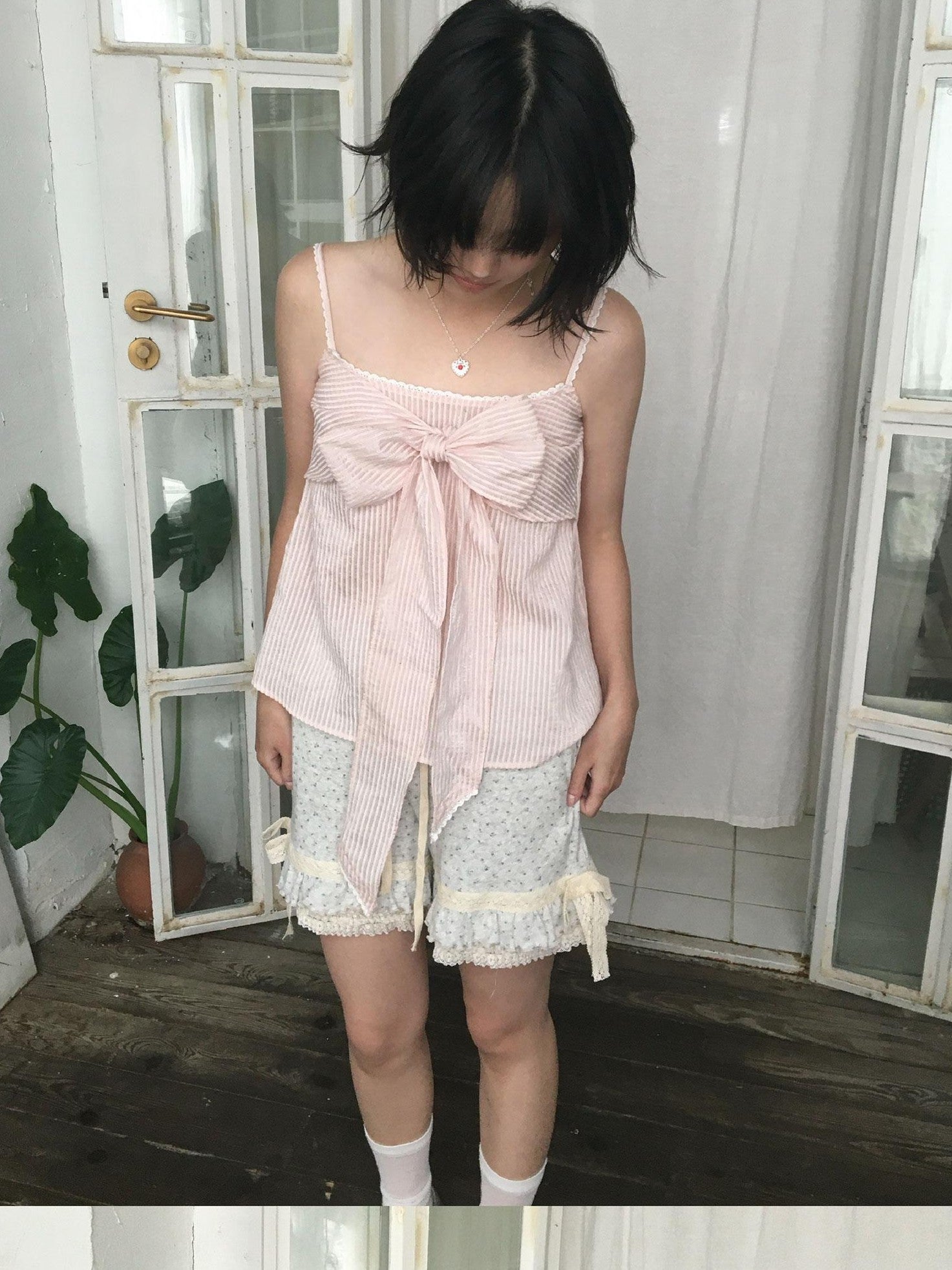 SicAstra Pastel Pink Striped Lace Trim Bow Tie Strap Women&