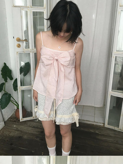 SicAstra Pastel Pink Striped Lace Trim Bow Tie Strap Women&