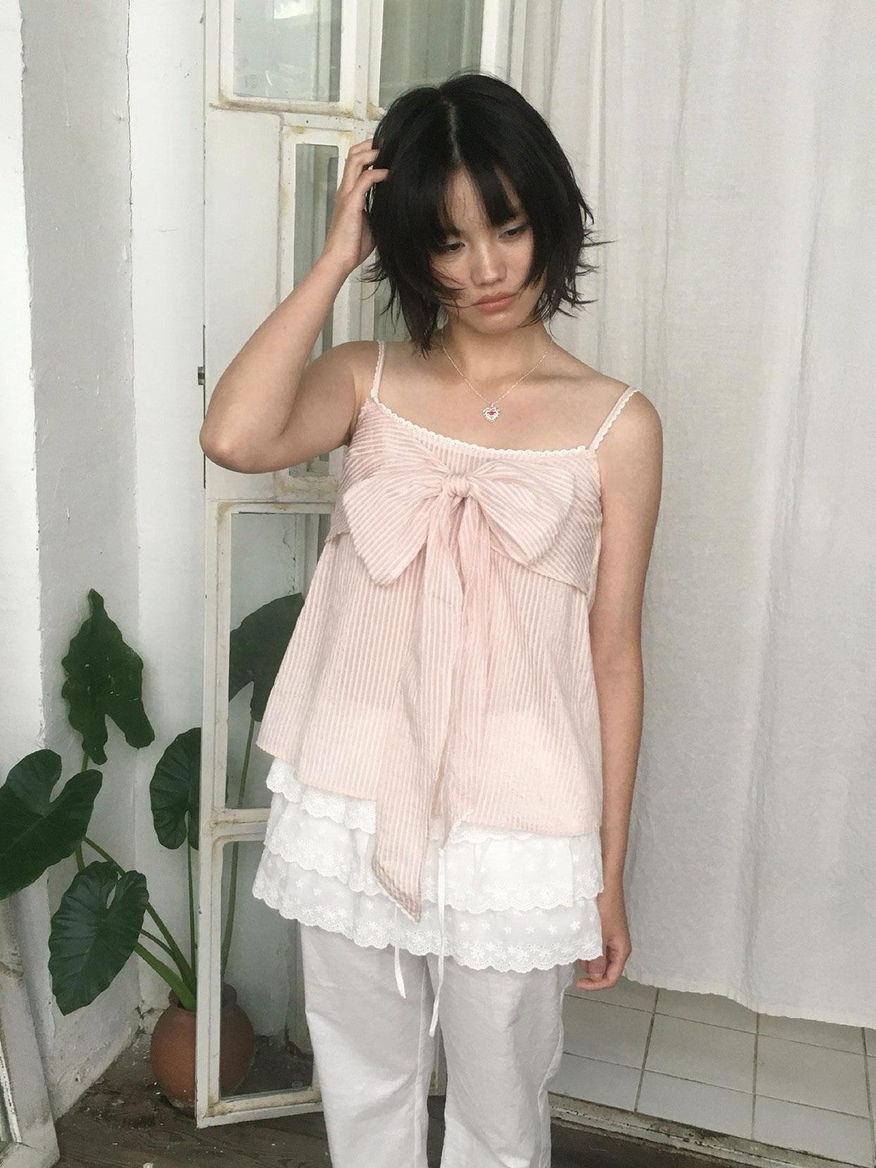 SicAstra Pastel Pink Striped Lace Trim Bow Tie Strap Women&
