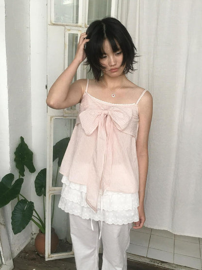 SicAstra Pastel Pink Striped Lace Trim Bow Tie Strap Women&