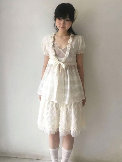 SicAstra Patchwork Lace Trim V-neck Tie Waist Longline Women&
