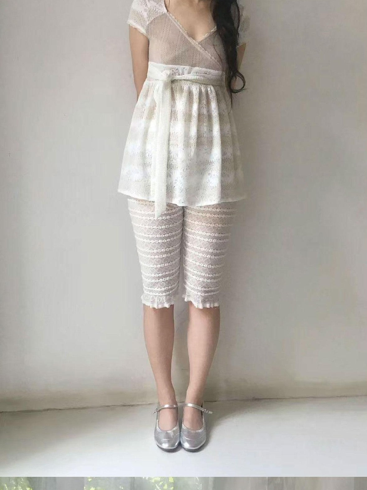 SicAstra Patchwork Lace Trim V-neck Tie Waist Longline Women&