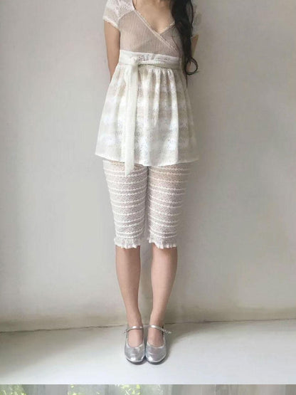 SicAstra Patchwork Lace Trim V-neck Tie Waist Longline Women&