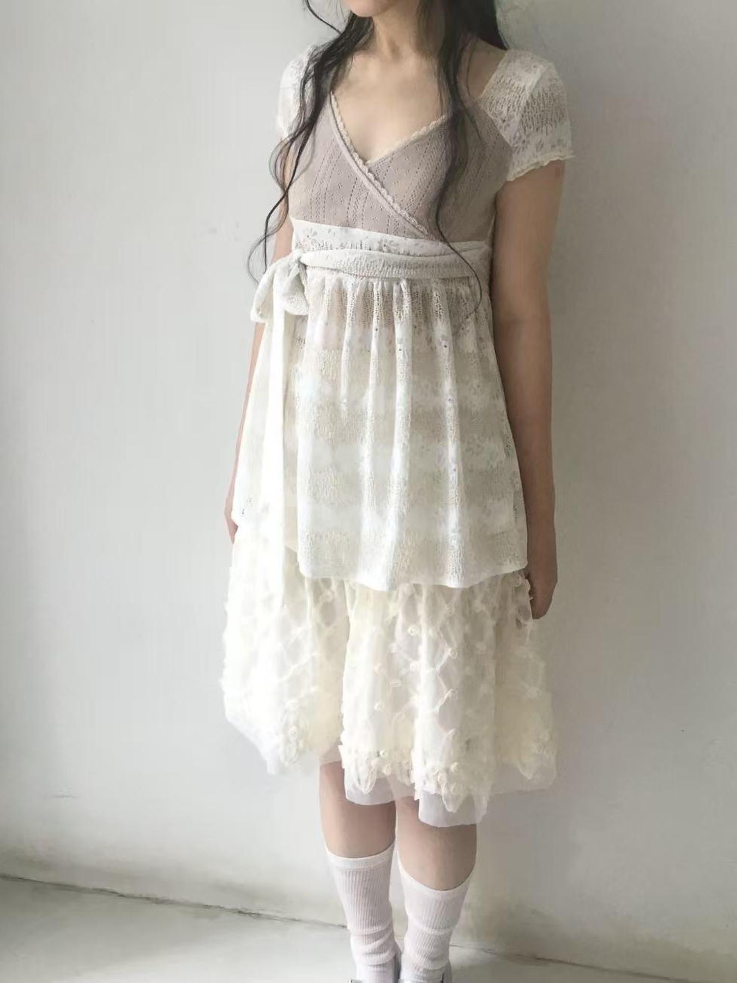 SicAstra Patchwork Lace Trim V-neck Tie Waist Longline Women&