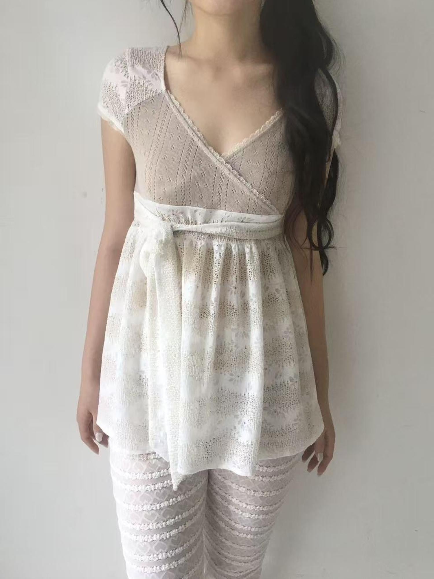 SicAstra Patchwork Lace Trim V-neck Tie Waist Longline Women&