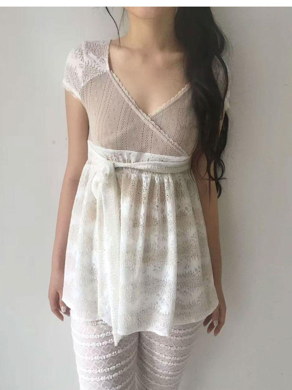 SicAstra Patchwork Lace Trim V-neck Tie Waist Longline Women&