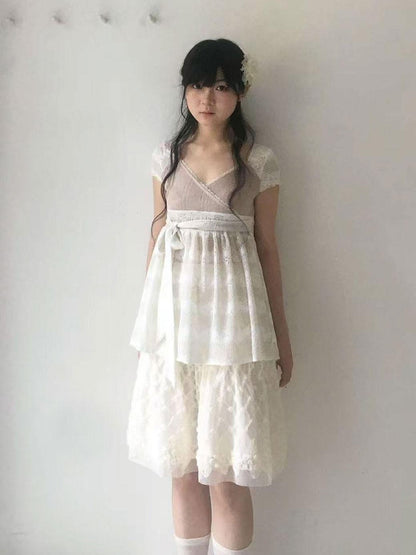 SicAstra Patchwork Lace Trim V-neck Tie Waist Longline Women&