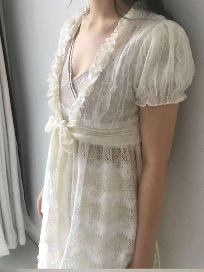 SicAstra Patchwork Lace Trim V-neck Tie Waist Longline Women&