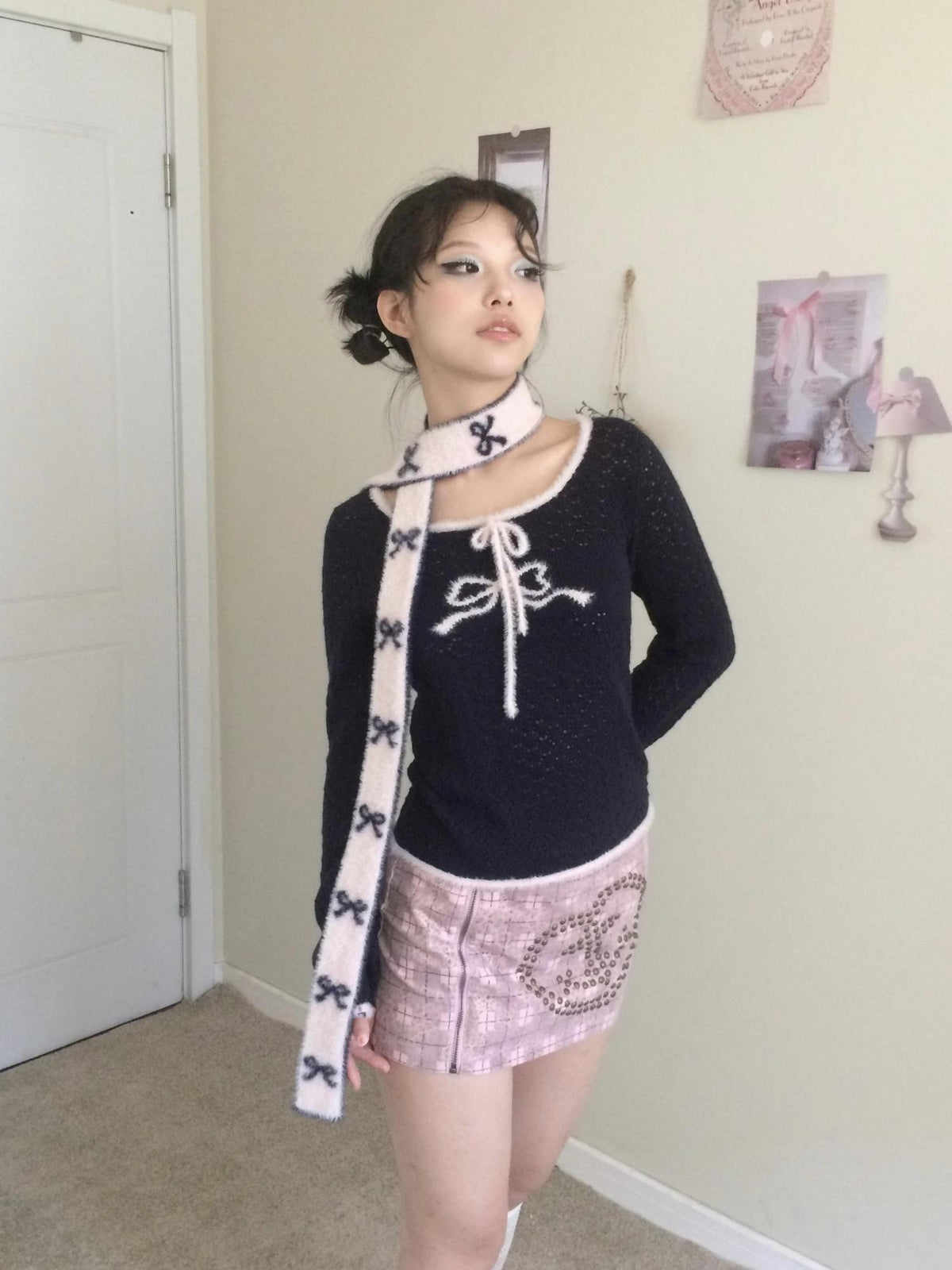 SicAstra Pink Blue Plush Bow Faux Mink Knit Vintage Korean Women&