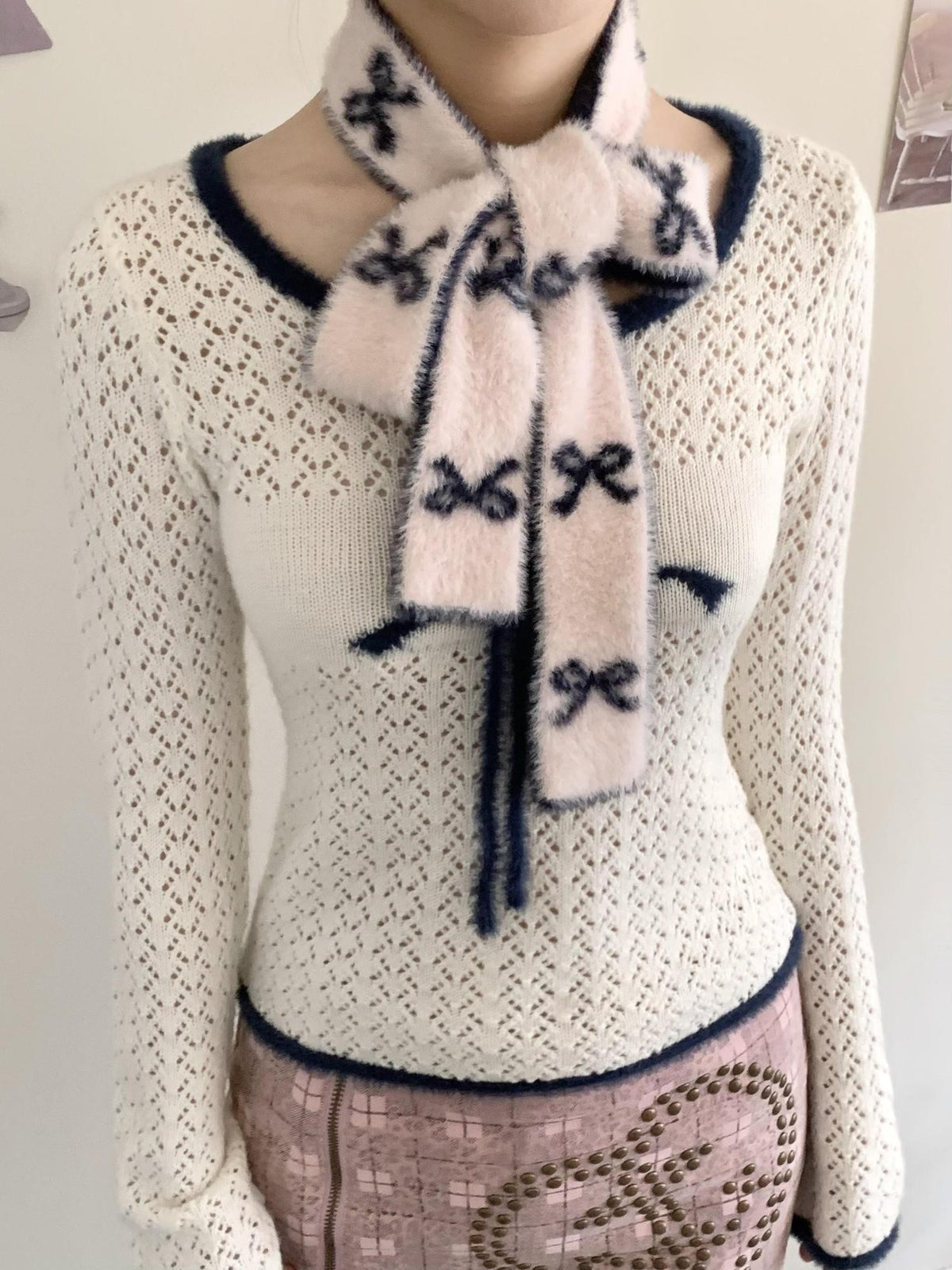 SicAstra Pink Blue Plush Bow Faux Mink Knit Vintage Korean Women&