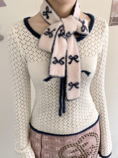 SicAstra Pink Blue Plush Bow Faux Mink Knit Vintage Korean Women&