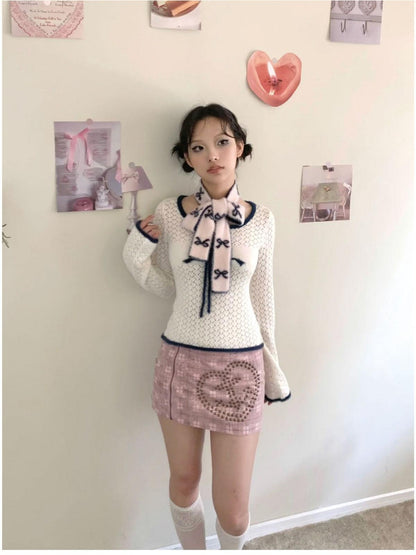 SicAstra Pink Blue Plush Bow Faux Mink Knit Vintage Korean Women&