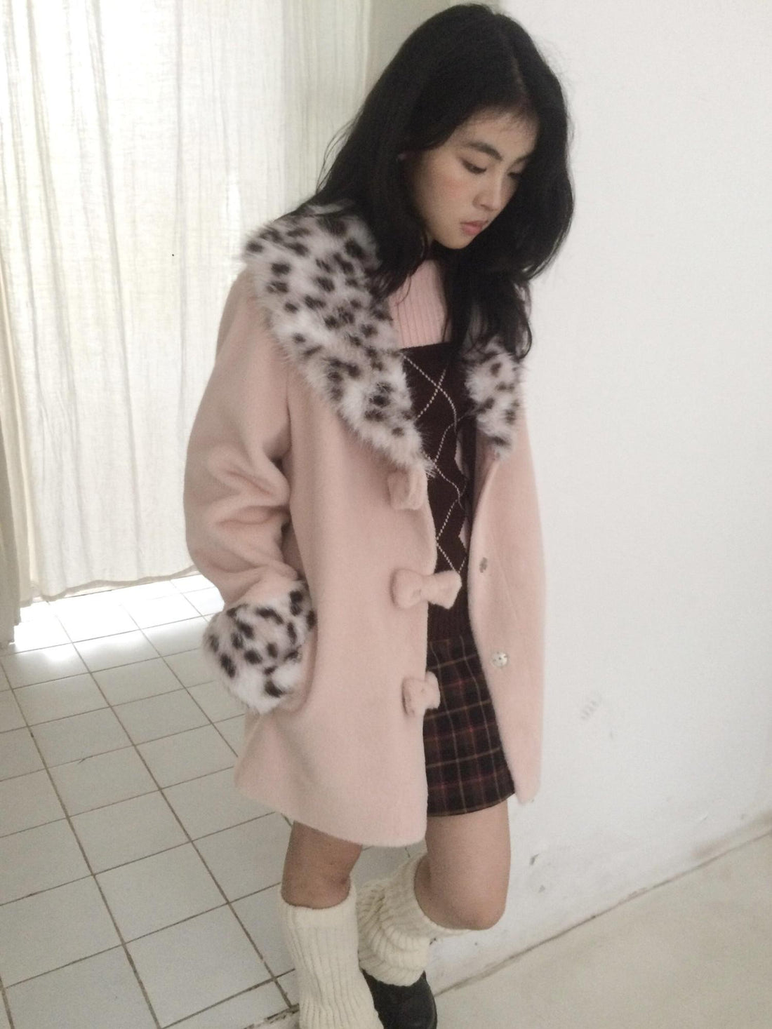 SicAstra Pink Leopard Print Bow Hidden Button Fur Collar Women&